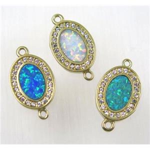 synthetic Fire Opal oval connector paved zircon, copper, mix color, approx 10x13mm