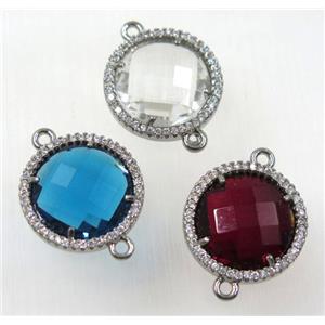 crystal glass connector paved zircon, flat round, platinum plated, copper, mix color, approx 18mm dia