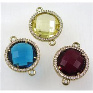 crystal glass connector paved zircon, flat round, gold plated, copper, mix color, approx 18mm dia