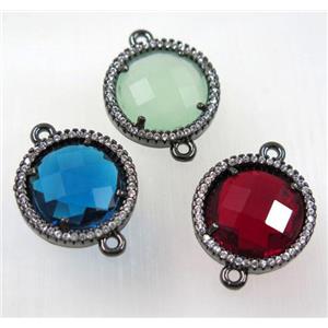 crystal glass connector paved zircon, flat round, black plated, copper, mix color, approx 18mm dia