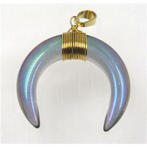 crystal glass crescent moon pendant, rainbow, wire wrapped, approx 30-35mm