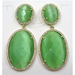 green cat eye stone earring pave zircon, gold plated, approx 12x14mm, 20x30mm