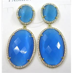 blue cat eye stone earring pave zircon, gold plated, approx 12x14mm, 20x30mm