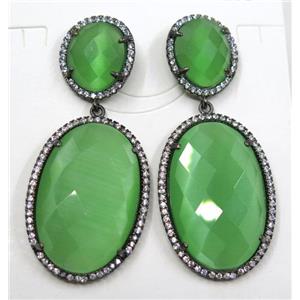 green cat eye stone earring pave zircon, black plated, approx 12x14mm, 20x30mm