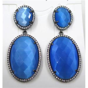 blue cats eye stone earring pave zircon, approx 12x14mm, 20x30mm