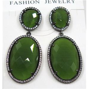 olive cat eye stone earring pave zircon, approx 12x14mm, 20x30mm