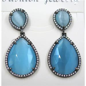 blue cat eye stone earring pave zircon, teardrop, approx 10x12mm, 18x25mm