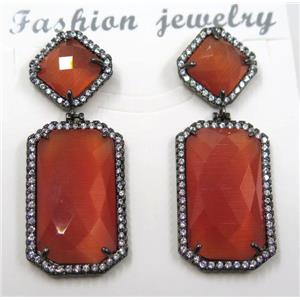 red cat eye stone earring pave zircon, rectangle, approx 10x10mm, 14x25mm