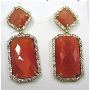 red cat eye stone earring pave zircon, rectangle, approx 10x10mm, 14x25mm