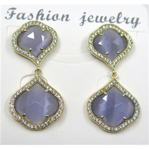 lavender cat eye stone earring pave zircon, clover, approx 13x13mm, 16x16mm