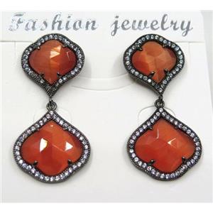 red cat eye stone earring pave zircon, clover, approx 13x13mm, 16x16mm