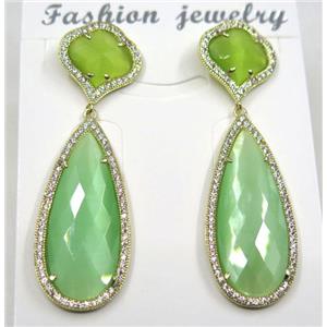 spring green cat eye stone earring pave zircon, droplet, approx 13x13mm, 14x38mm