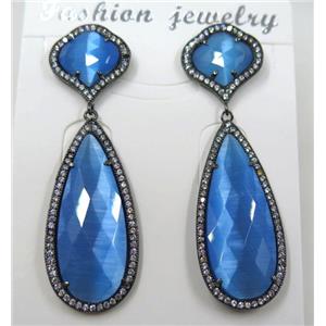 royal blue cat eye stone earring pave zircon, droplet, approx 13x13mm, 14x38mm