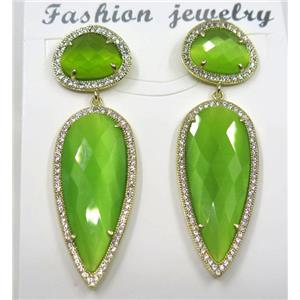 olive cat eye stone earring pave zircon, droplet, approx 11x15mm, 14x38mm