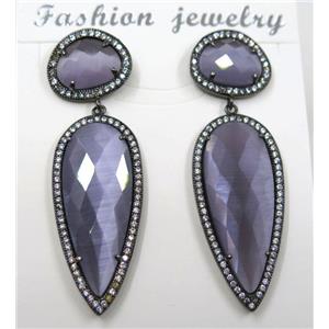 purple cat eye stone earring pave zircon, droplet, approx 11x15mm, 14x38mm