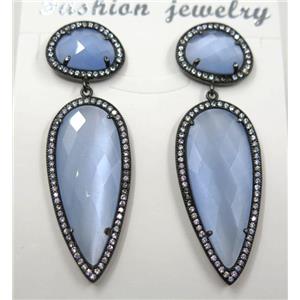 lt.blue cat eye stone earring pave zircon, droplet, approx 11x15mm, 14x38mm