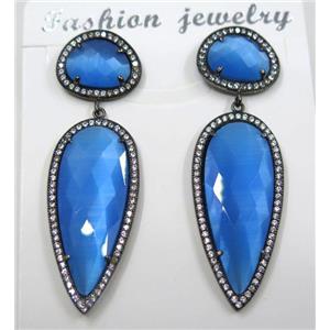 royal blue cat eye stone earring pave zircon, droplet, approx 11x15mm, 14x38mm