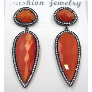 red cat eye stone earring pave zircon, droplet, approx 11x15mm, 14x38mm