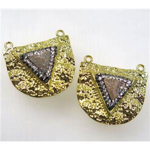 druzy quartz pendant with 2loops pave rhinestone, alloy, gold plated, approx 25-30mm