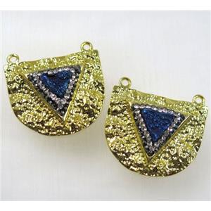 blue druzy quartz pendant with 2loops pave rhinestone, alloy, gold plated, approx 25-30mm