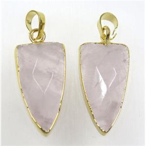 rose quartz arrowhead pendant, lt.pink, gold plated, approx 15-27mm