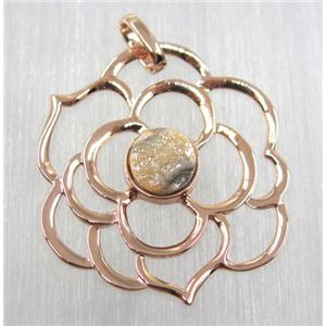 natural color druzy quartz pendant, copper flower, rose gold plated, approx 40mm dia, 6mm