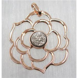 silver druzy quartz pendant, copper flower, rose gold plated, approx 40mm dia, 6mm