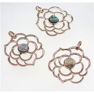 mix druzy quartz pendant, copper flower, rose gold plated, approx 40mm dia, 6mm