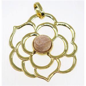 natural color Agate druzy pendant, copper flower, gold plated, approx 40mm dia, 6mm