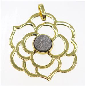 silver Agate druzy pendant, copper flower, gold plated, approx 40mm dia, 6mm