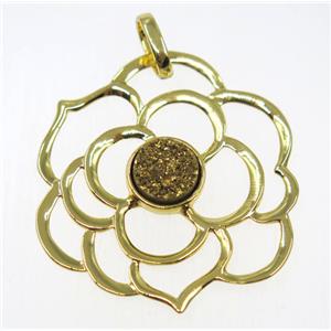 golden druzy quartz pendant, copper flower, gold plated, approx 40mm dia, 6mm