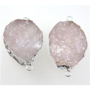 rough rose quartz connector, silver plated, freeform, approx 20-40mm