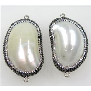 white shell pearl connector paved rhinestone, freeform, approx 30-50mm
