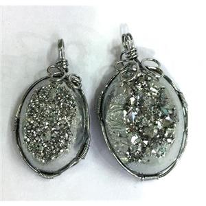 silver druzy Quartz pendant, freeform, wire wrapped, approx 20-40mm