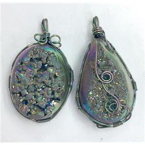rainbow druzy Quartz pendant, freeform, wire wrapped, approx 20-40mm