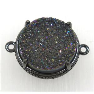 rainbow druzy agate connector, flat round, black plated, approx 20mm dia