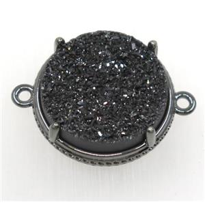 black druzy agate connector, flat round, black plated, approx 20mm dia