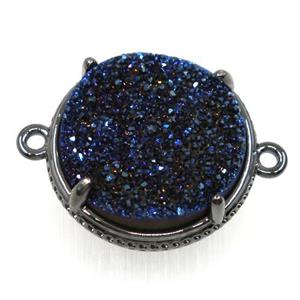 dark blue druzy agate connector, flat round, black plated, approx 20mm dia