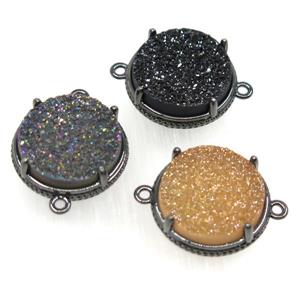 mix druzy agate connector, flat round, black plated, approx 20mm dia