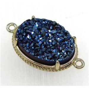 blue druzy agate connector, oval, gold plated, approx 14x19mm