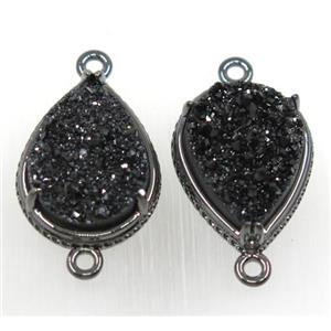 black druzy agate connector, teardrop, black plated, approx 13x16mm