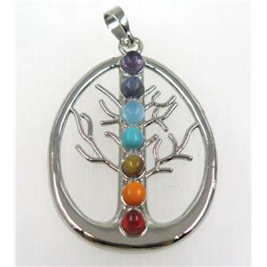 gemstone Chakra pendant, tree of life, alloy, platinum plated, approx 33-43mm