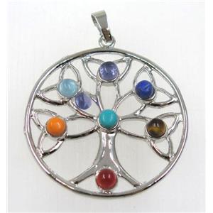 gemstone Chakra pendant, tree of life, alloy, platinum plated, approx 38mm
