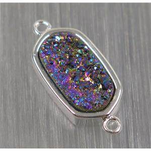 rainbow druzy quartz connector, oval, silver plated, approx 10-16mm