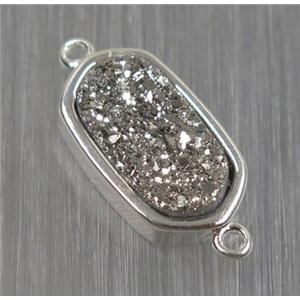 silver druzy quartz connector, oval, silver plated, approx 10-16mm