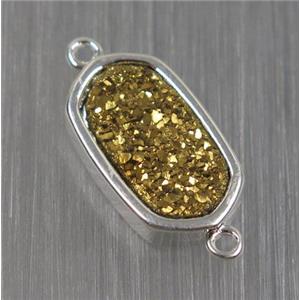 gold druzy quartz connector, oval, silver plated, approx 10-16mm