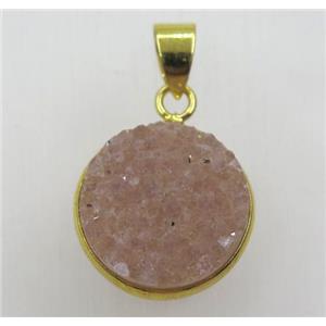 natural druzy agate pendant, flat-round, gold plated, approx 16mm dia