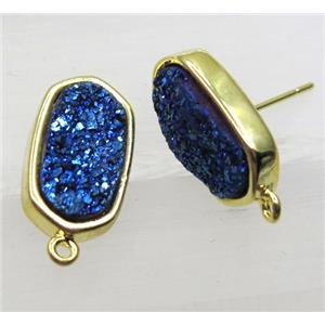 blue druzy quartz earring studs, gold plated, approx 8-15mm