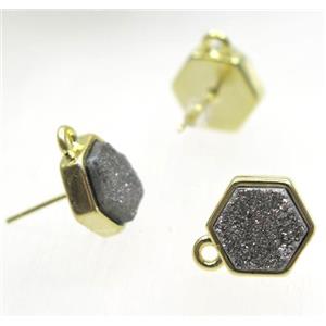 silver druzy quartz earring studs, hexagon, gold plated, approx 10x10mm