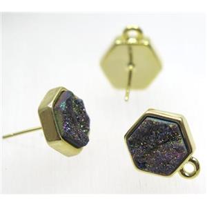 rainbow druzy quartz earring studs, hexagon, gold plated, approx 10x10mm